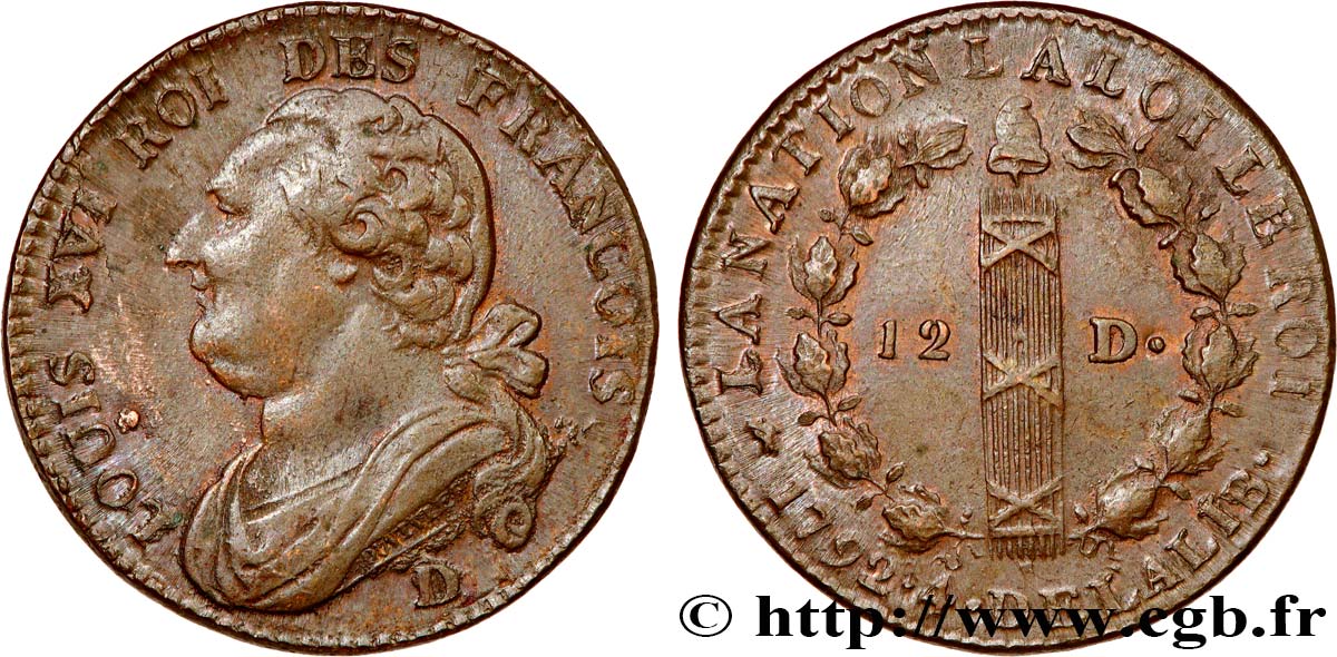 LOUIS XVI (MONARQUE CONSTITUTIONNEL)  12 deniers dit &nbsp;au faisceau&nbsp;, type FRANCOIS 1792 Lyon TTB+