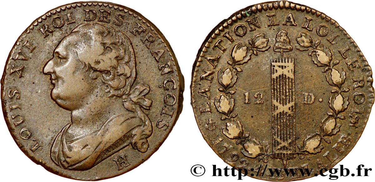 LOUIS XVI (MONARQUE CONSTITUTIONNEL)  12 deniers dit &nbsp;au faisceau&nbsp;, type FRANCOIS 1792 La Rochelle TTB