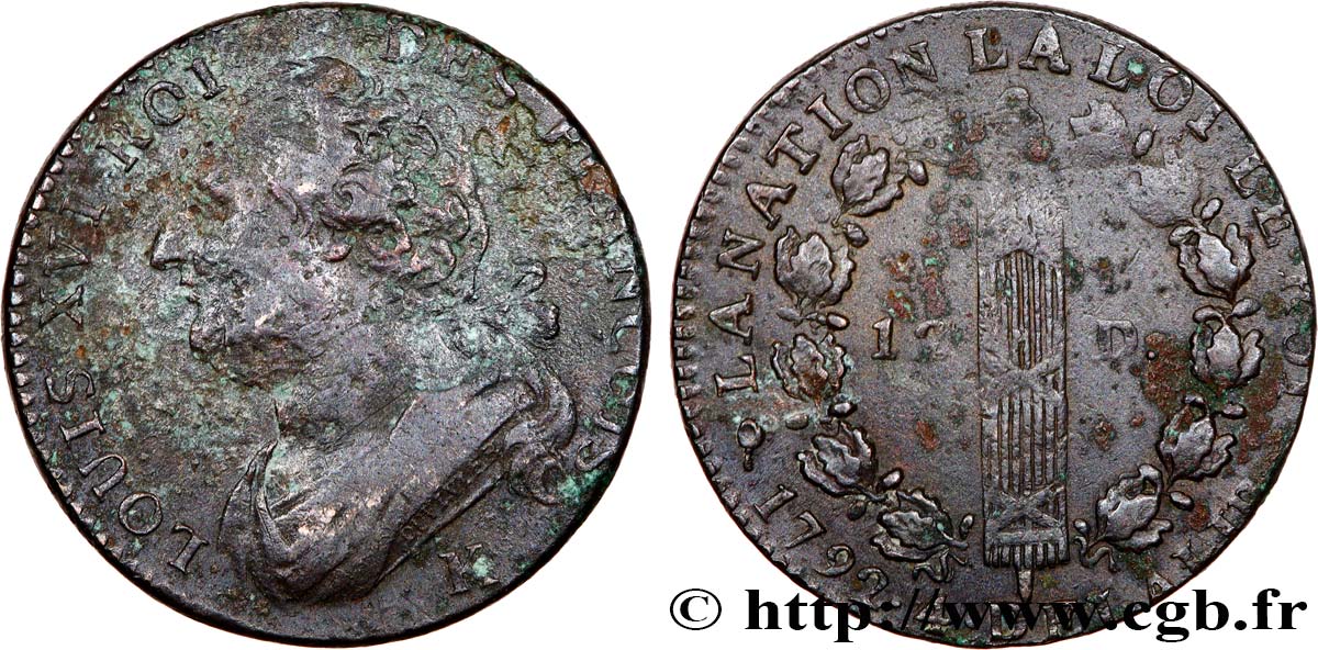 LOUIS XVI (MONARQUE CONSTITUTIONNEL)  12 deniers dit  au faisceau , type FRANCOIS 1792 Bordeaux TB