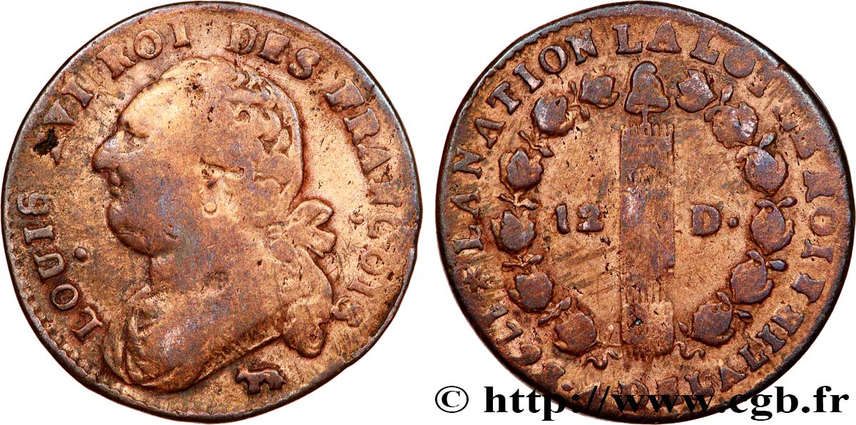 LOUIS XVI (MONARQUE CONSTITUTIONNEL)  12 deniers dit &nbsp;au faisceau&nbsp;, type FRANÇOIS 1792 Pau TB
