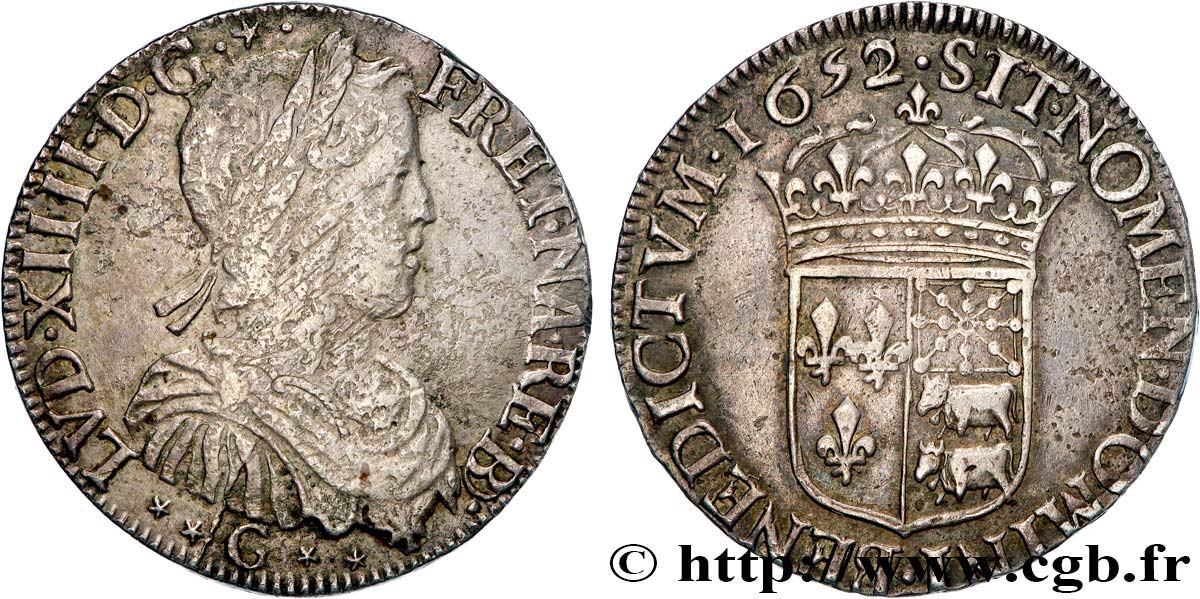 LOUIS XIV  THE SUN KING  Demi-écu de Béarn, portait à la mèche longue 1652 Pau BB/q.SPL