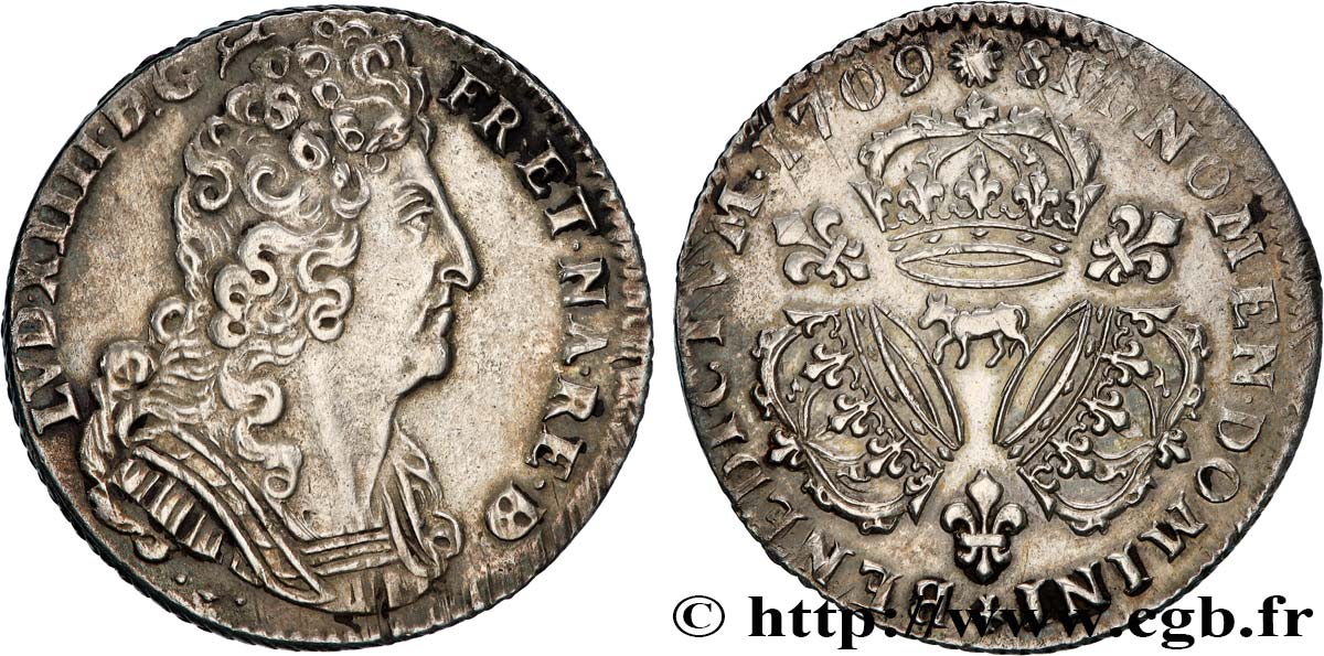 LOUIS XIV LE GRAND OU LE ROI SOLEIL Quart d écu aux trois couronnes 1709 Pau TTB+