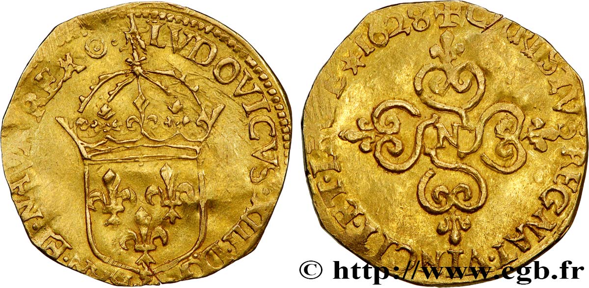 LOUIS XIII LE JUSTE Écu d or au soleil, monnayage protestant 1628 Nîmes TTB