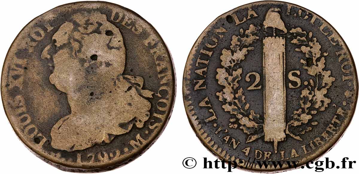 LOUIS XVI (MONARQUE CONSTITUTIONNEL)  2 sols dit &nbsp;au faisceau&nbsp;, type FRANÇOIS 1792 Toulouse TB