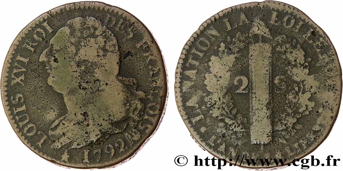 LOUIS XVI (MONARQUE CONSTITUTIONNEL)  2 sols dit  au faisceau , type FRANÇOIS, légende fautée sans le 4 de L’AN 4 1792 Marseille TB