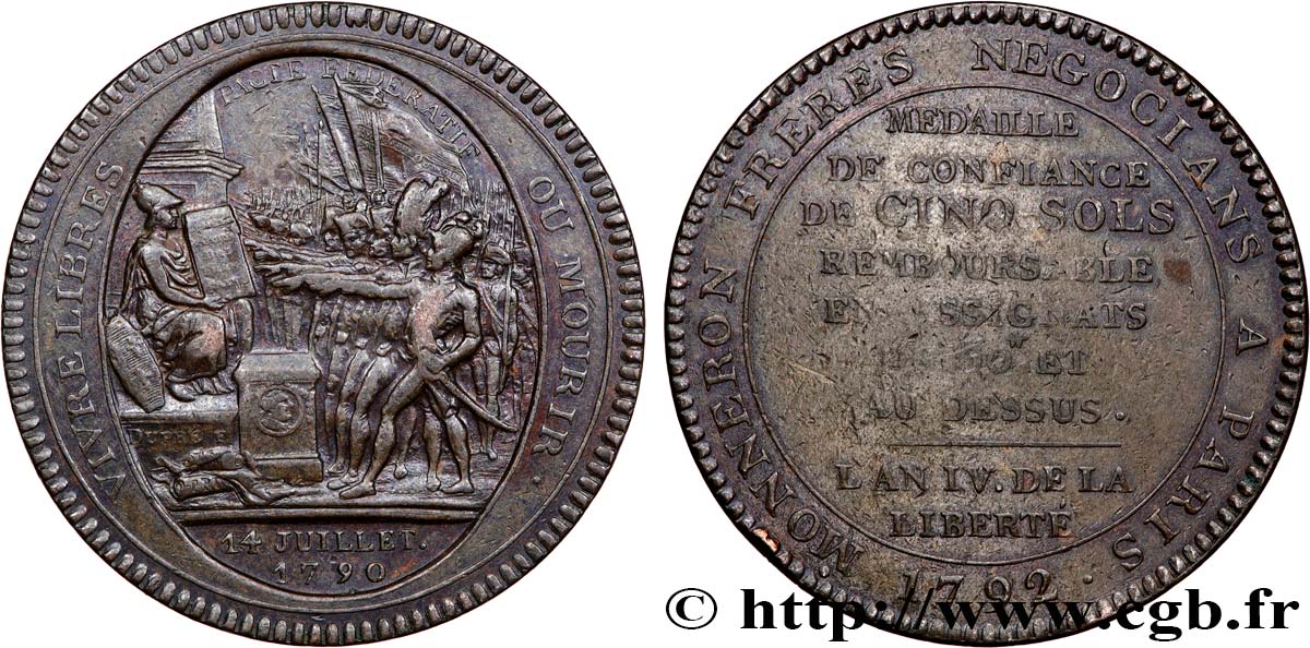 CONFIANCE (MONNAIES DE...) Monneron de 5 sols au serment (An IV), 3e type 1792 Birmingham, Soho TB+