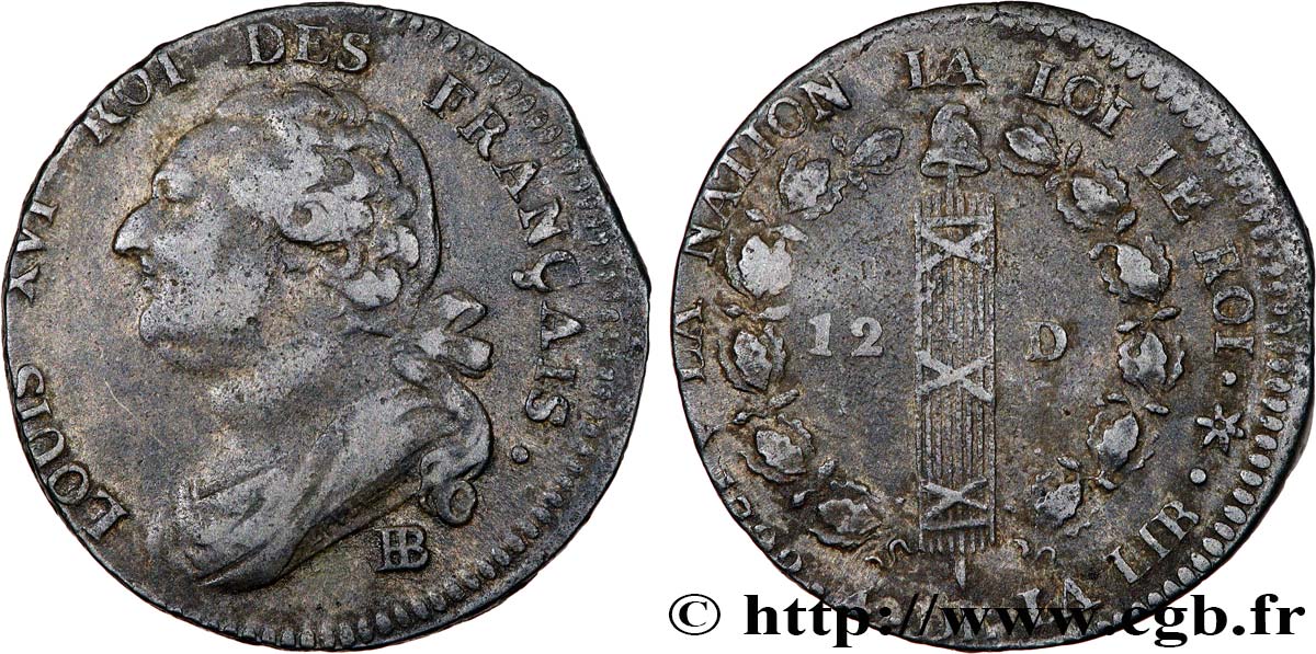 LOUIS XVI (MONARQUE CONSTITUTIONNEL)  12 deniers dit &nbsp;au faisceau&nbsp;, type FRANÇAIS 1792 Strasbourg TTB