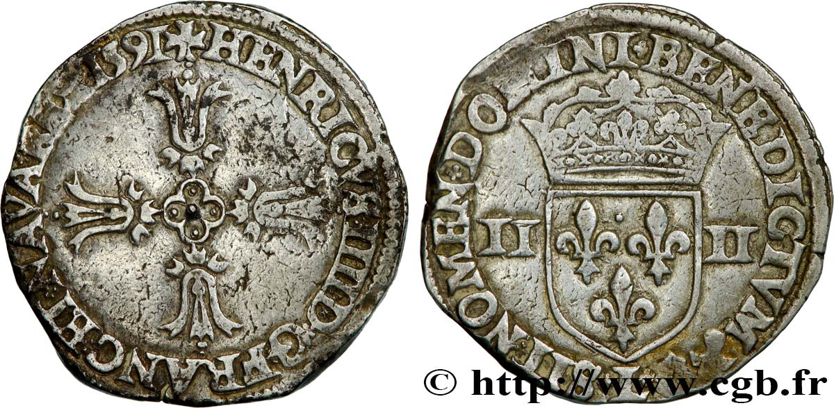 HENRI IV LE GRAND Quart d écu, croix feuillue de face 1591 Bayonne TTB/TTB+