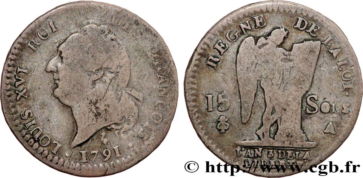 LOUIS XVI (MONARQUE CONSTITUTIONNEL)  15 sols dit &nbsp;au génie&nbsp;, type FRANÇOIS 1791 Paris TB+