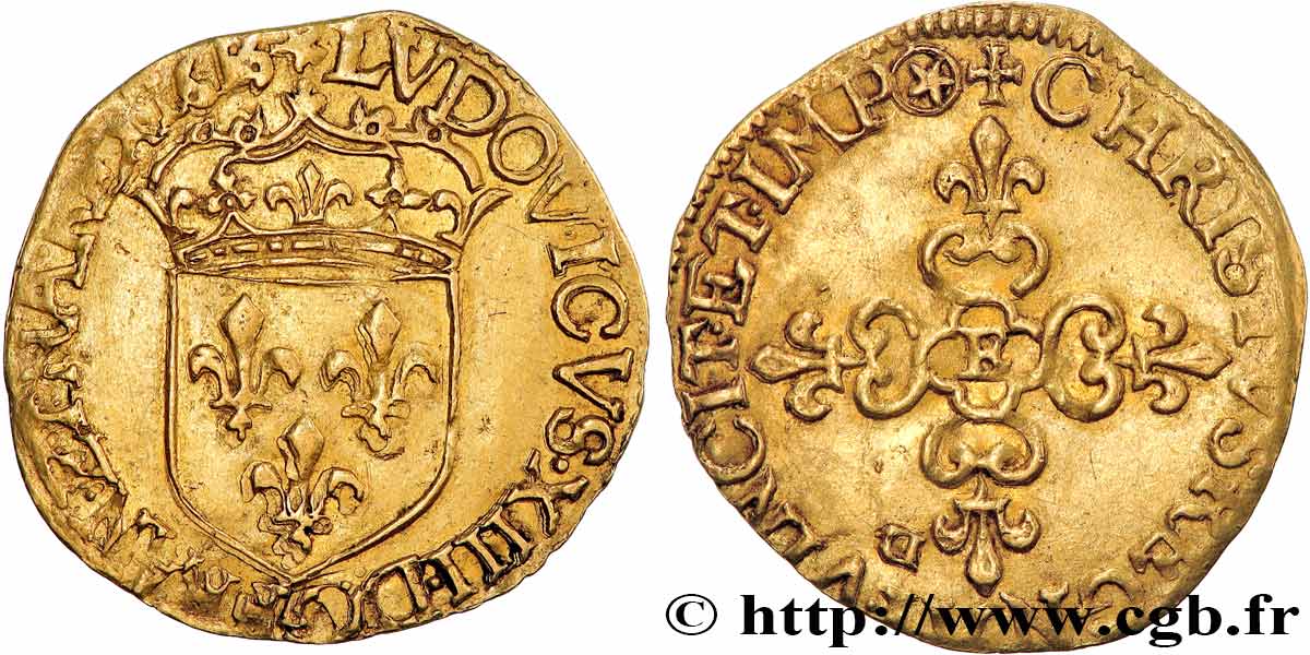 LOUIS XIII  Écu d or au soleil, à la croix anillée fleurdelisée 1615 Tours q.SPL