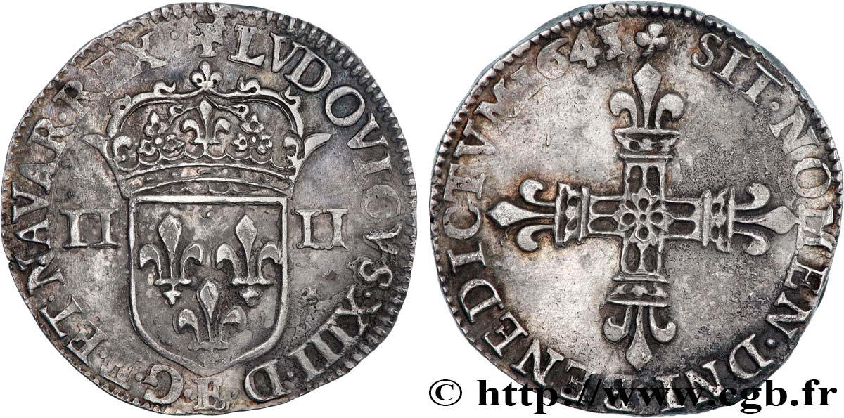 LOUIS XIII  Quart d écu, à la croix fleurdelisée, titulature côté écu 1643 Tours BB