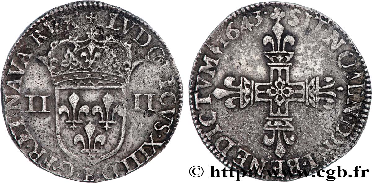 LOUIS XIII LE JUSTE Quart d écu, à la croix fleurdelisée, titulature côté écu 1643 Tours TTB