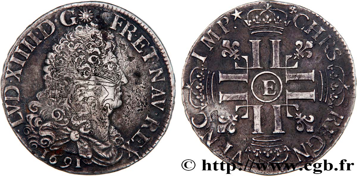 LOUIS XIV LE GRAND OU LE ROI SOLEIL Demi-écu aux huit L, 1er type 1691 Tours TTB+