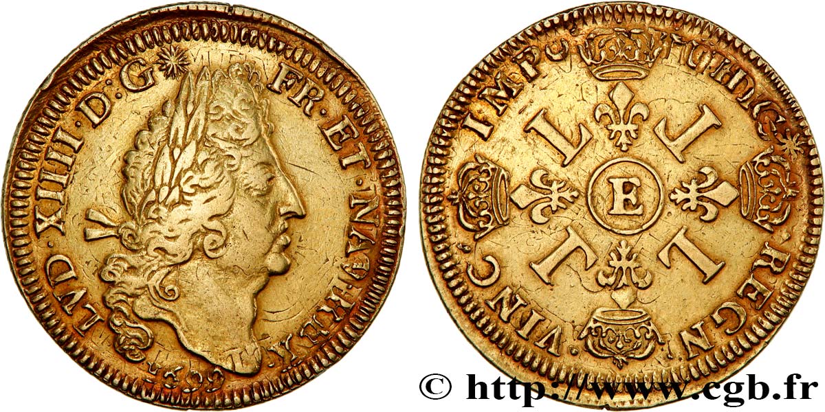 LOUIS XIV  THE SUN KING  Double louis d or aux quatre L 1699 Tours SS