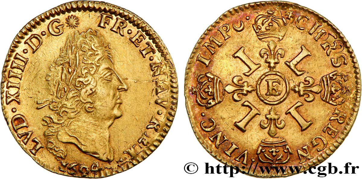 LOUIS XIV LE GRAND OU LE ROI SOLEIL Demi-louis d or aux quatre L 1694 Tours TTB/TTB+