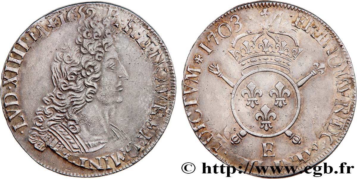 LOUIS XIV  THE SUN KING  Écu aux insignes 1703 Tours EBC