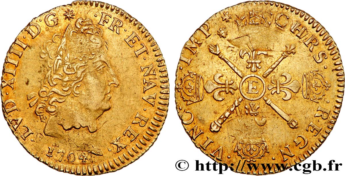 LOUIS XIV  THE SUN KING  Louis d or aux insignes 1704 Tours fVZ