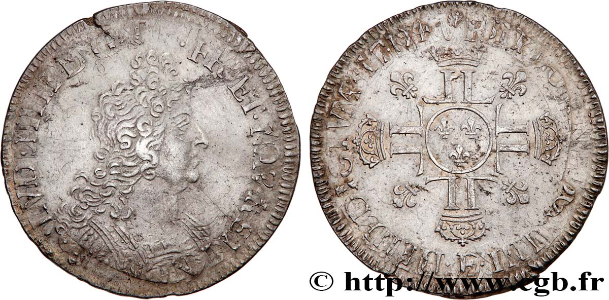 LOUIS XIV LE GRAND OU LE ROI SOLEIL Demi-écu aux huit L, 2e type 1704 Tours TTB/TTB+