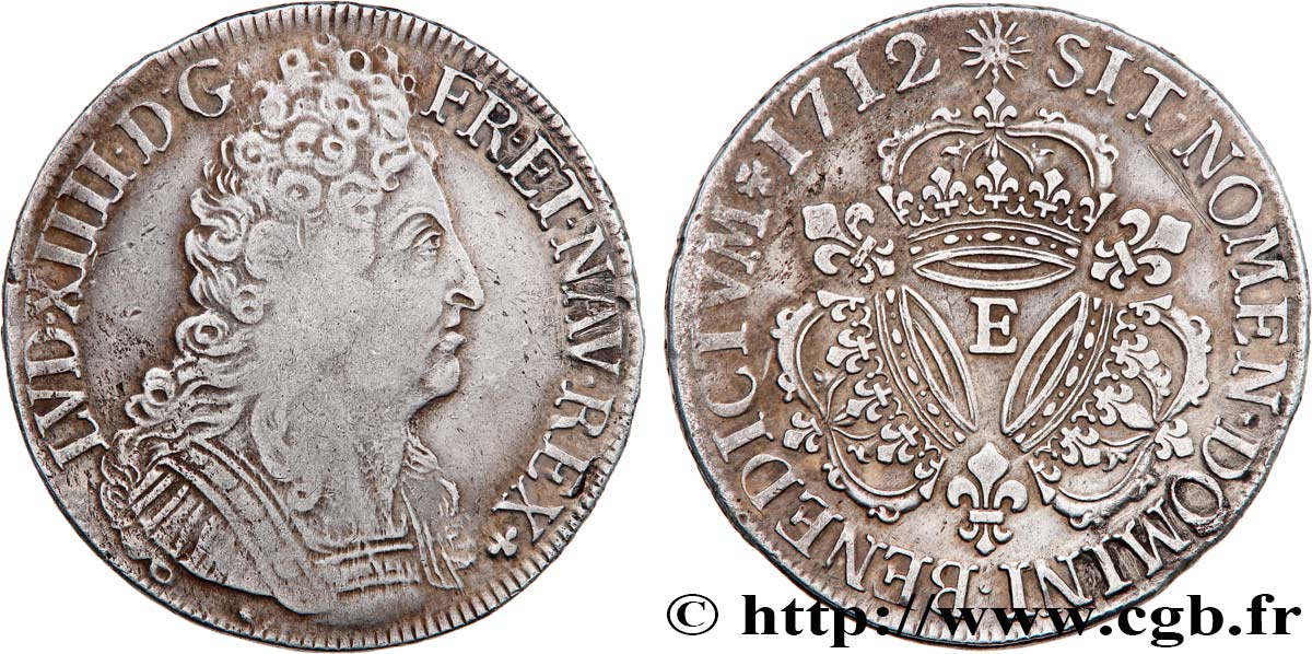 LOUIS XIV  THE SUN KING  Écu aux trois couronnes 1712 Tours XF/AU