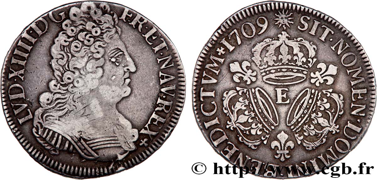 LOUIS XIV  THE SUN KING  Demi-écu aux trois couronnes 1709 Tours fVZ