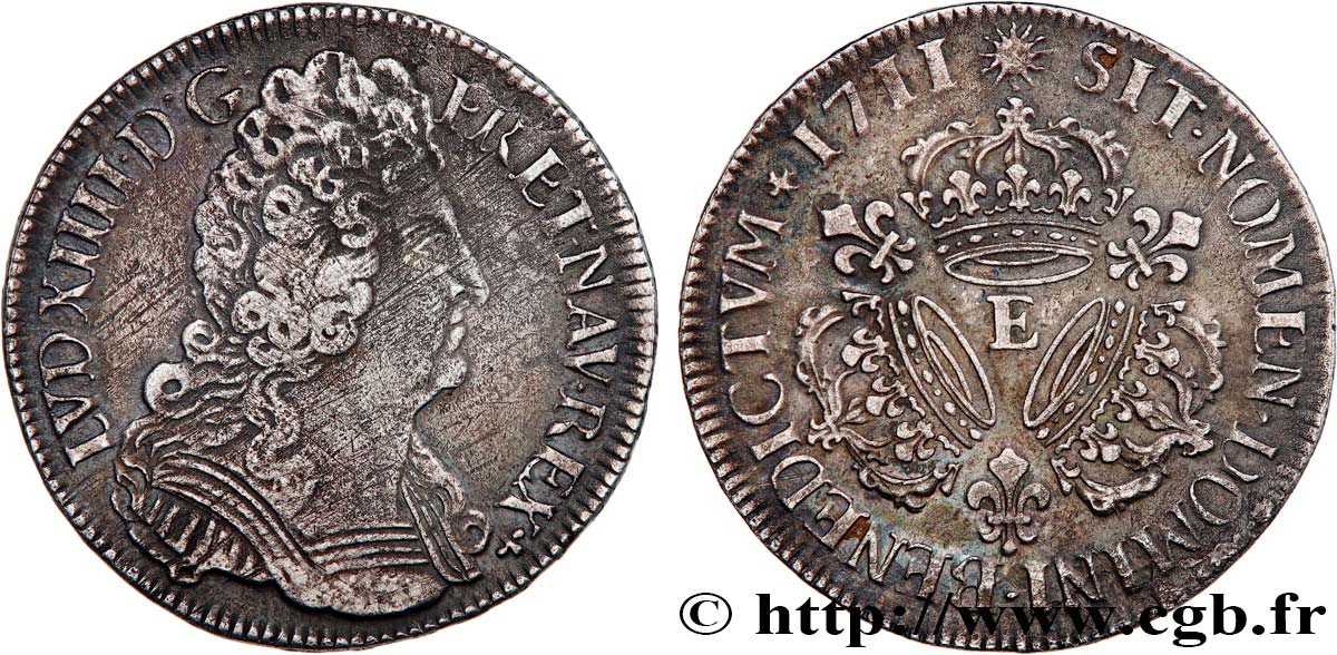 LOUIS XIV  THE SUN KING  Demi-écu aux trois couronnes 1711 Tours XF/AU