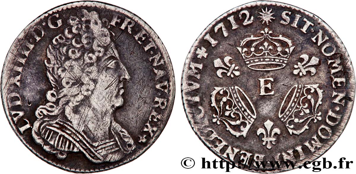 LOUIS XIV  THE SUN KING  Dixième d écu aux trois couronnes 1712 Tours XF
