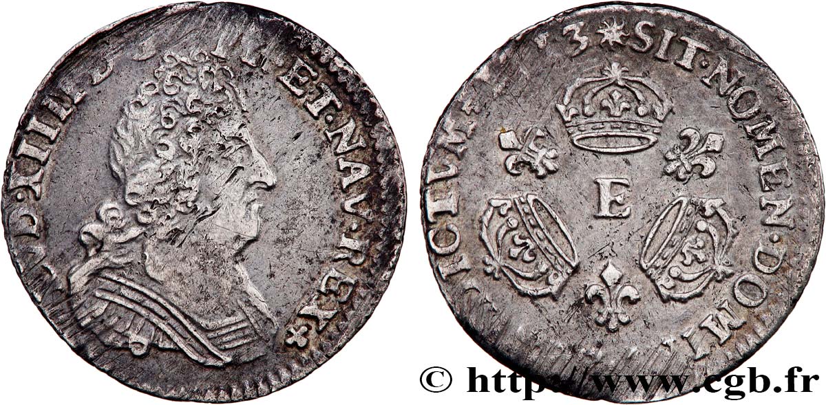 LOUIS XIV  THE SUN KING  Vingtième d écu aux trois couronnes 1713 Tours AU
