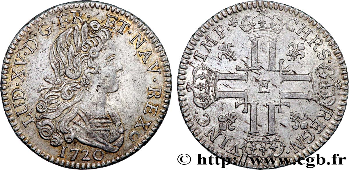 LOUIS XV  THE WELL-BELOVED  Louis d’argent à la croix aux huit L couronnées 1720 Tours EBC