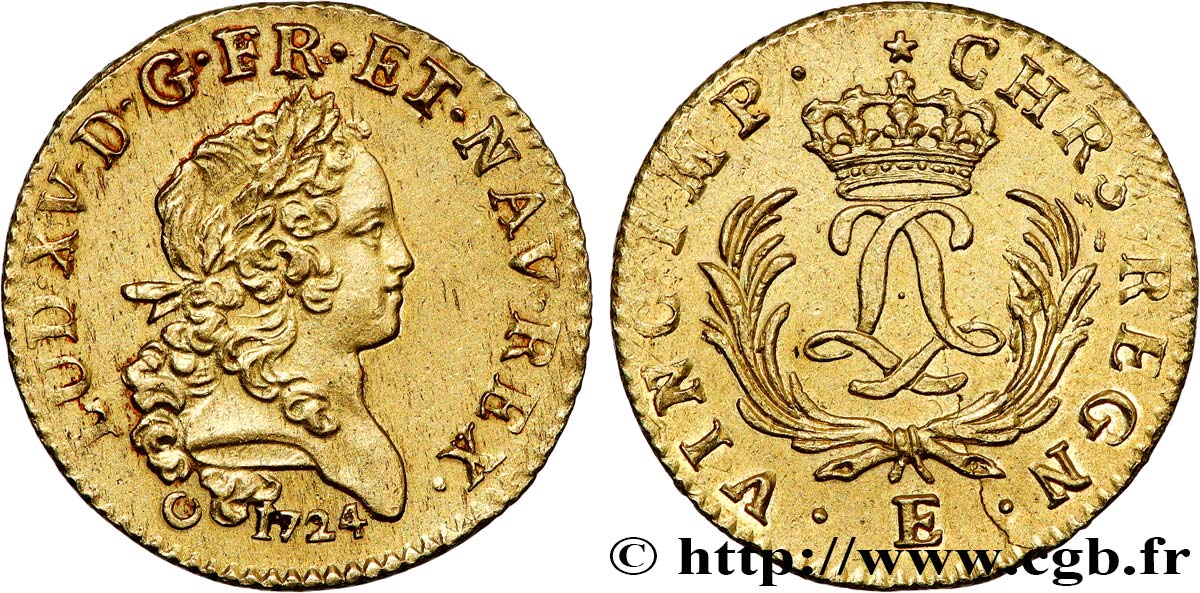 LOUIS XV THE BELOVED Louis d or aux deux L entrelacées et aux palmes longues 1724 Tours MS