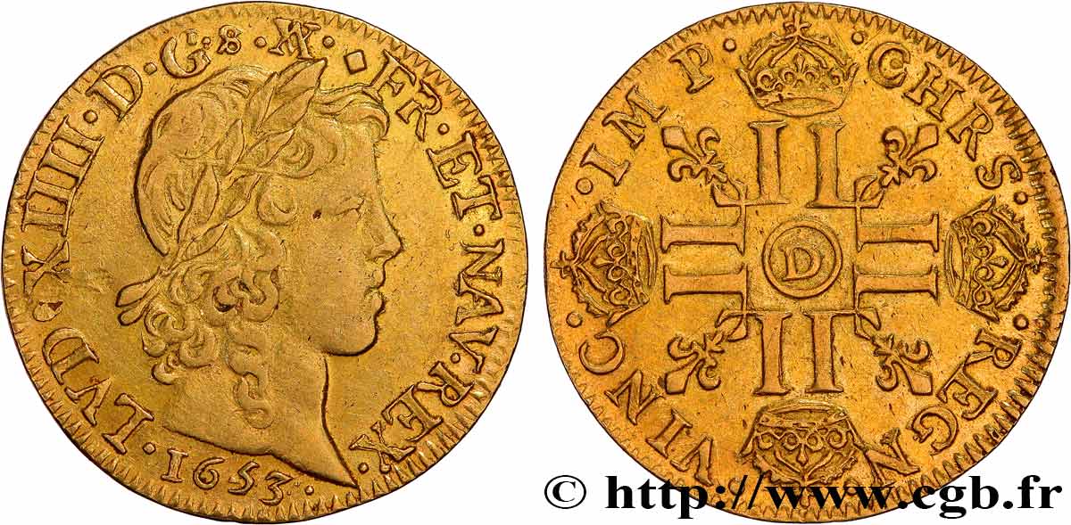 LOUIS XIV  THE SUN KING  Louis d’or aux huit L, portrait à la mèche longue 1653 Lyon SPL