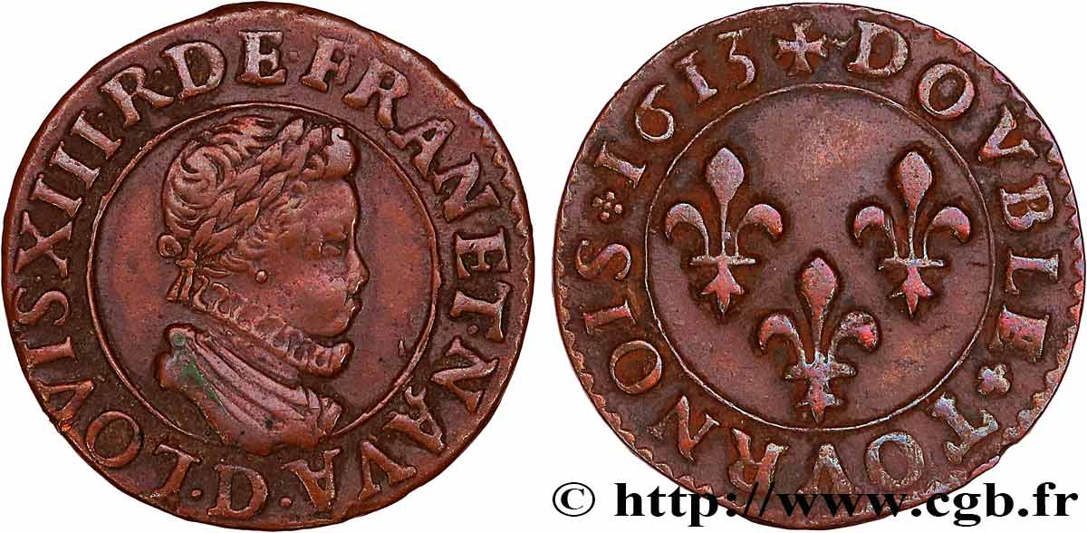 LOUIS XIII LE JUSTE Double tournois, type 2 1613 Lyon TTB