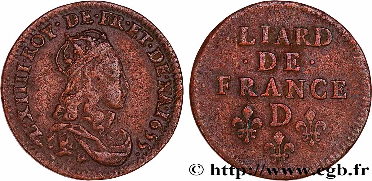 LOUIS XIV LE GRAND OU LE ROI SOLEIL Liard de cuivre, 2e type 1655 Vimy-en-Lyonnais (actuellement Neuville-sur-Saône) TTB