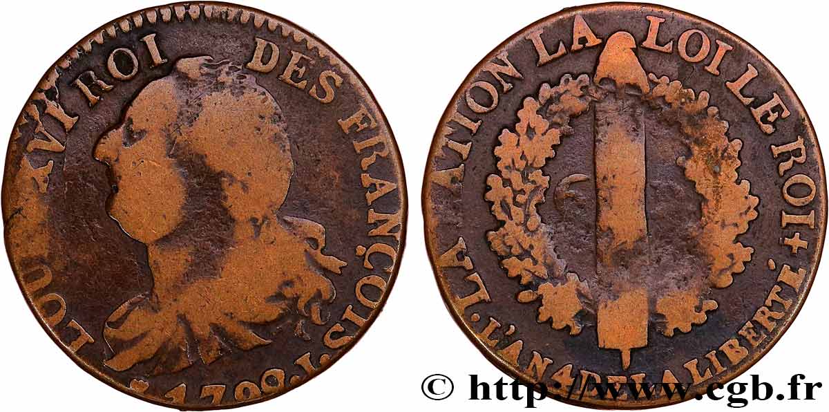 LOUIS XVI 6 deniers dit  au faisceau , type FRANÇOIS 1792 Limoges BC