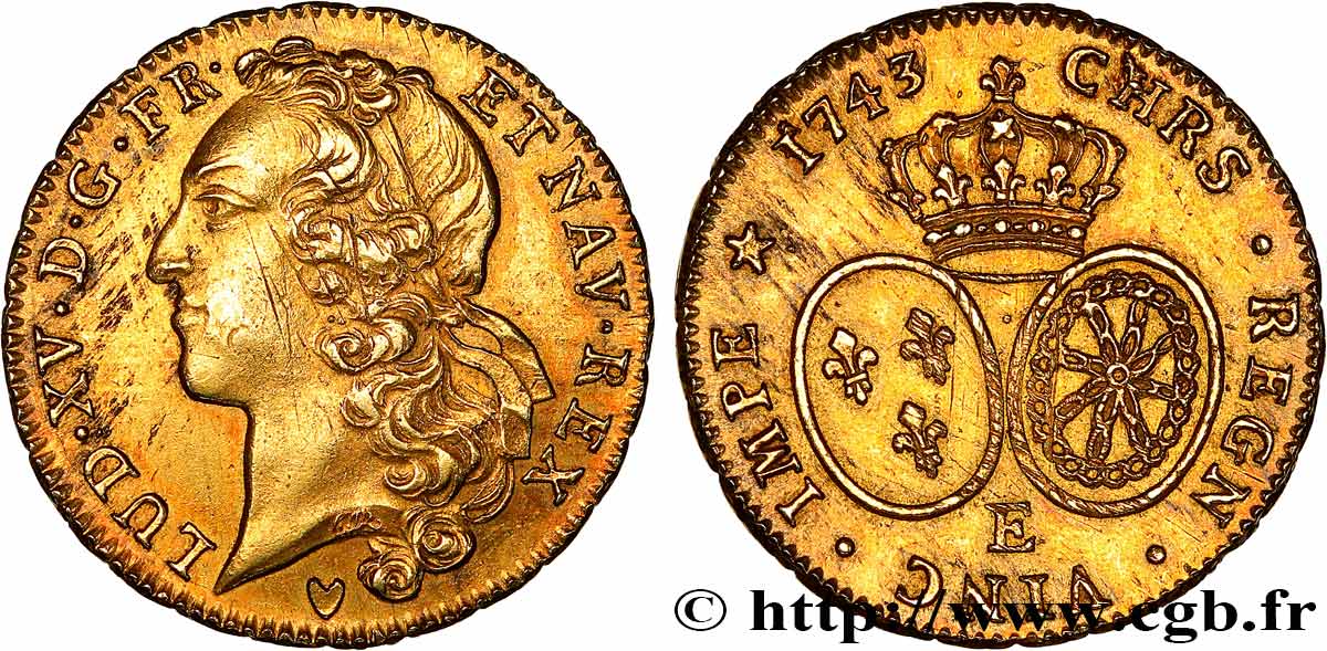 LOUIS XV  THE WELL-BELOVED  Double louis d’or aux écus ovales, tête ceinte d’un bandeau 1743 Tours MBC+