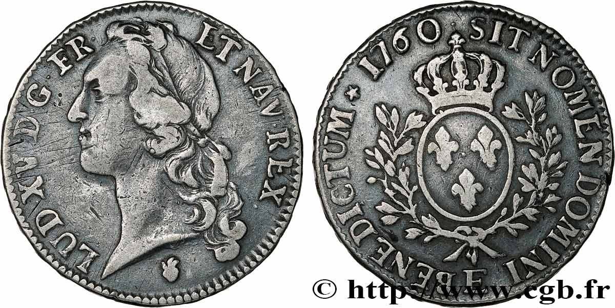 LOUIS XV  THE WELL-BELOVED  Écu aux branches d’olivier, tête ceinte d’un bandeau 1760 Tours VF