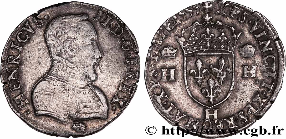 HENRY II Teston à la tête nue, 1er type 1555 La Rochelle XF