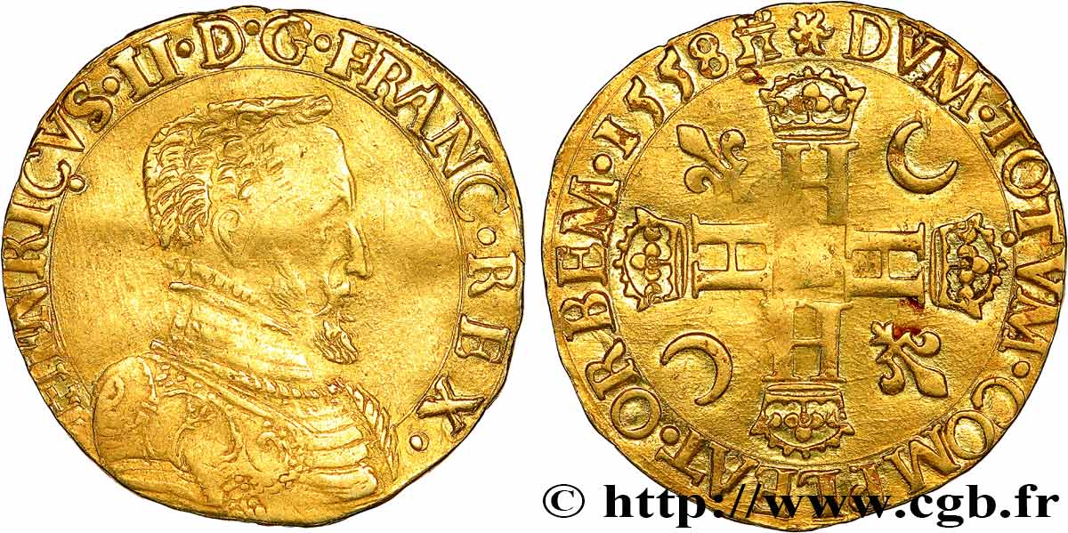 HENRY II Double henri d or 1er type 1558 Tours XF