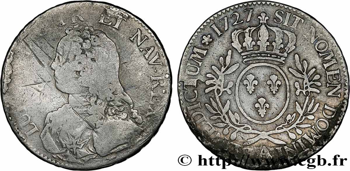 LOUIS XV DIT LE BIEN AIMÉ Écu aux branches d olivier, buste habillé 1727 Paris B/TB
