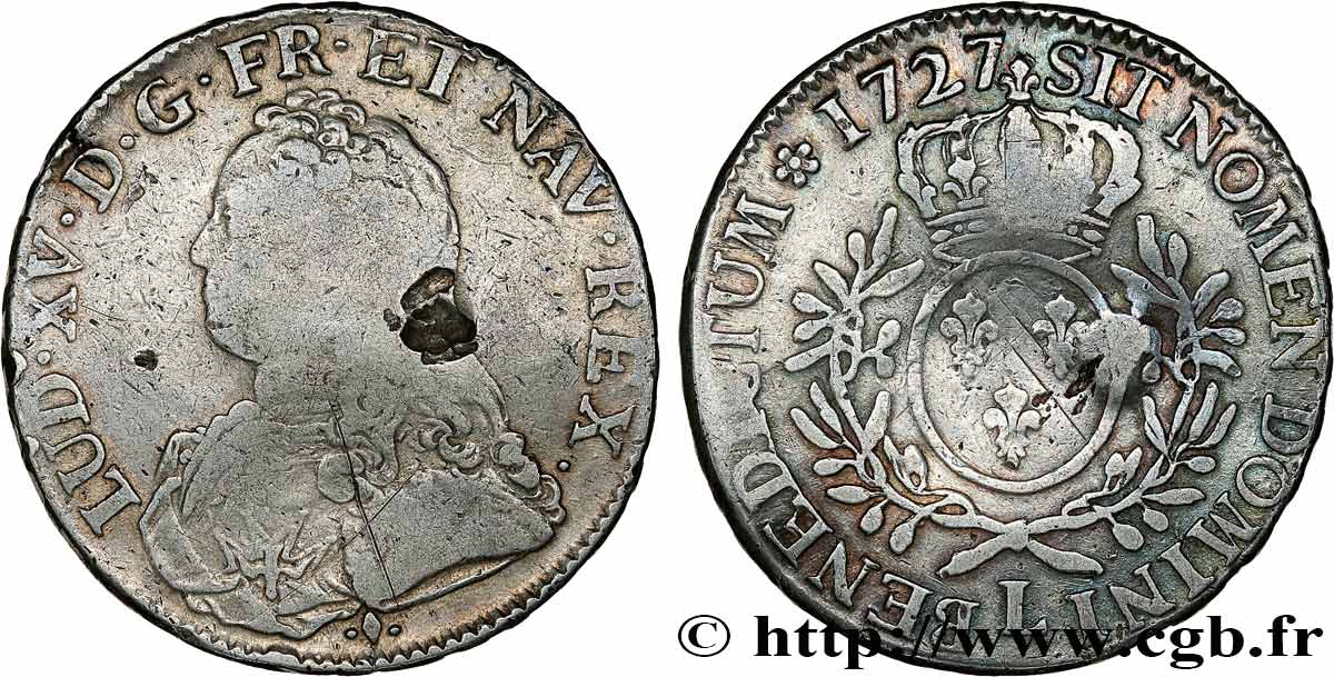 LOUIS XV DIT LE BIEN AIMÉ Écu aux branches d olivier, buste habillé 1727 Bayonne TB/TB+