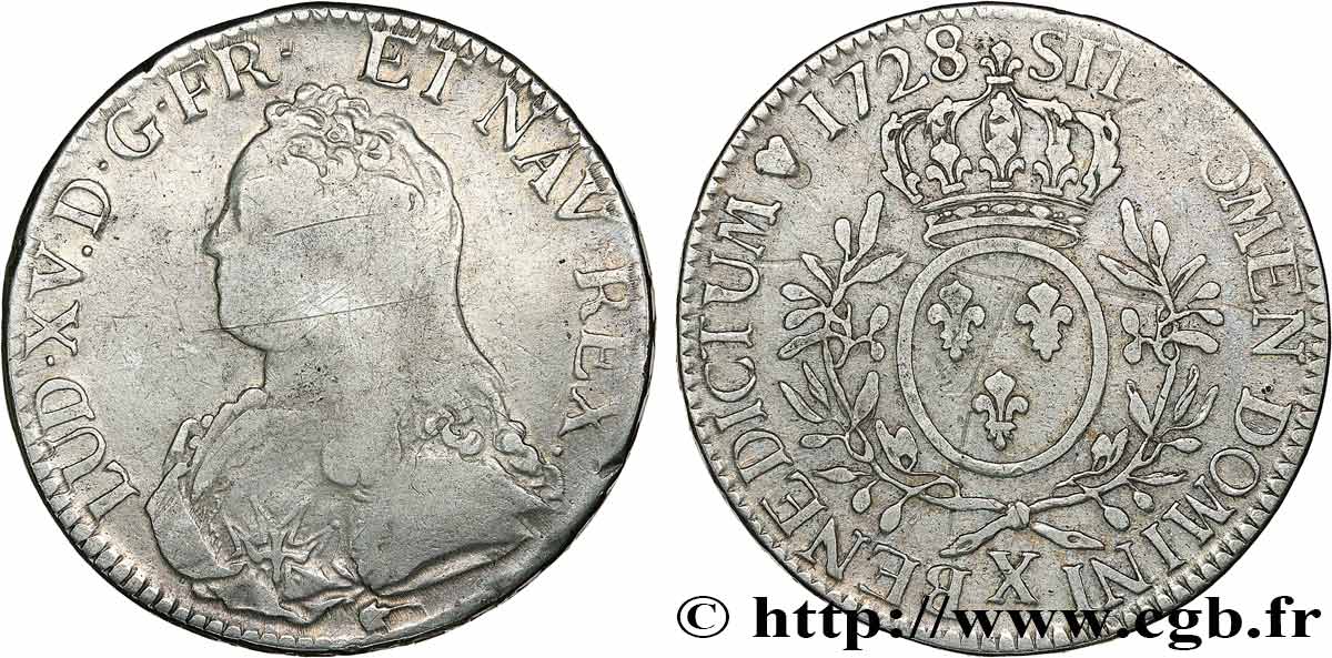 LOUIS XV DIT LE BIEN AIMÉ Écu aux branches d olivier, buste habillé 1728 Amiens TB/TB+