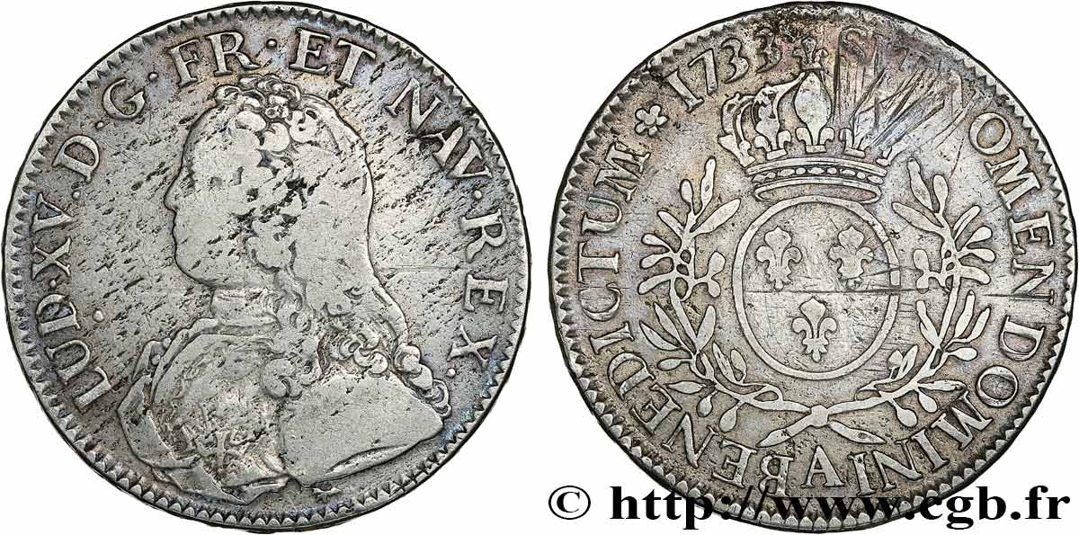 LOUIS XV DIT LE BIEN AIMÉ Écu aux branches d olivier, buste habillé 1733 Paris TB+