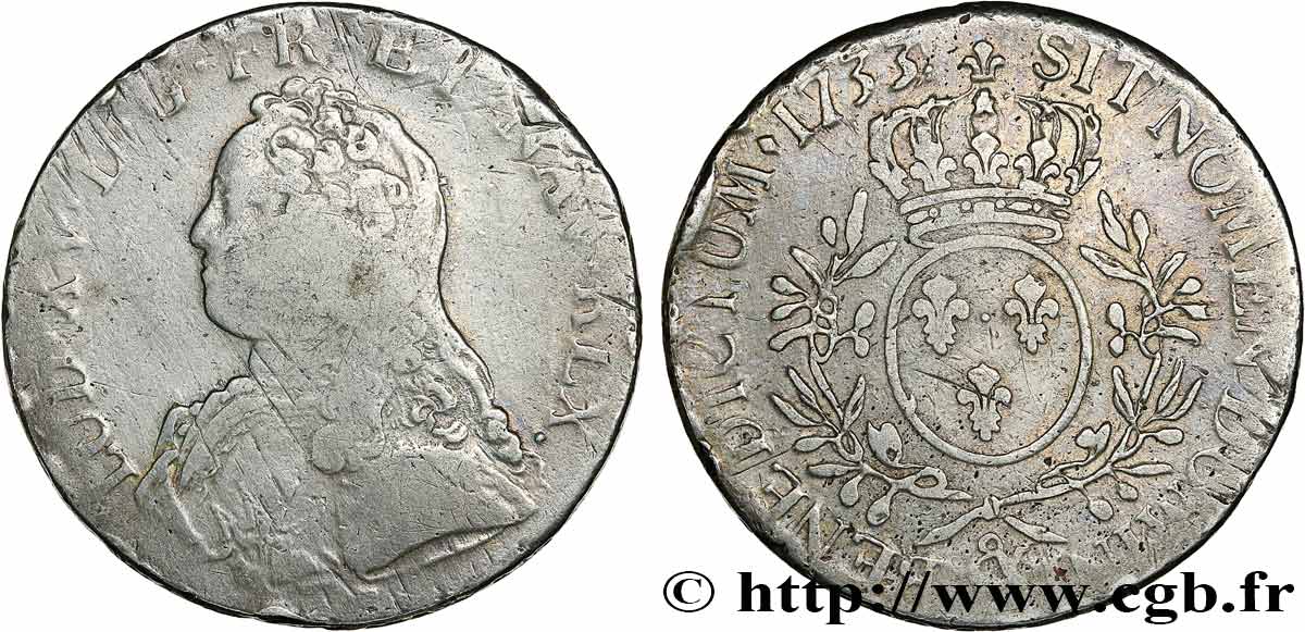 LOUIS XV DIT LE BIEN AIMÉ Écu aux branches d olivier, buste habillé 1733 Aix-en-Provence TB/TB+