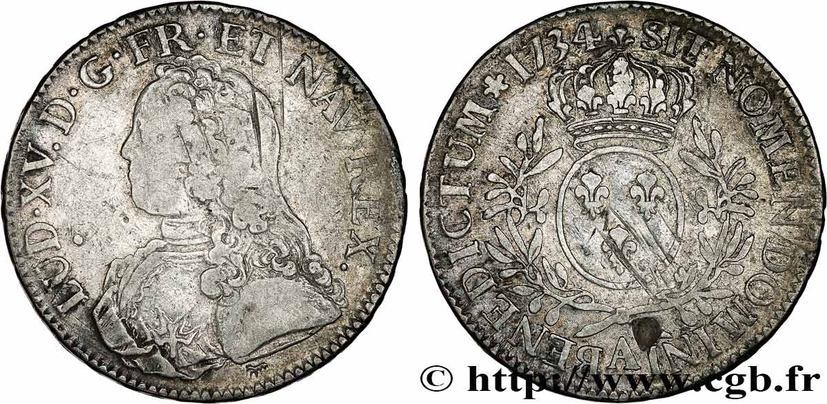 LOUIS XV DIT LE BIEN AIMÉ Écu aux branches d olivier, buste habillé 1734 Paris TB/TB+