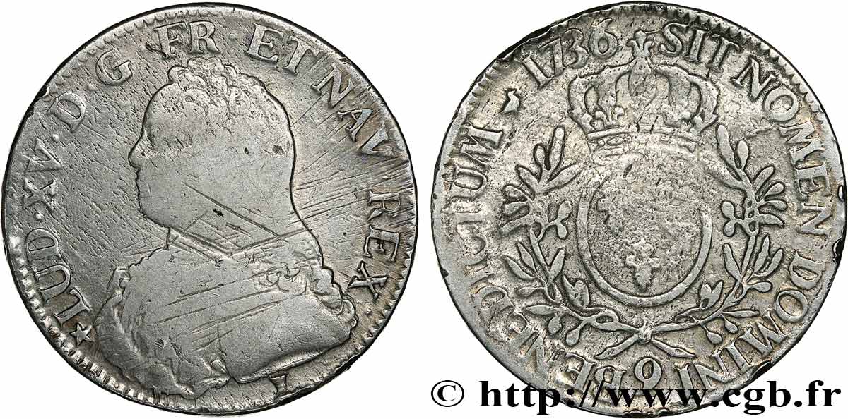 LOUIS XV DIT LE BIEN AIMÉ Écu aux branches d olivier, buste habillé 1736 Rennes B+/TB
