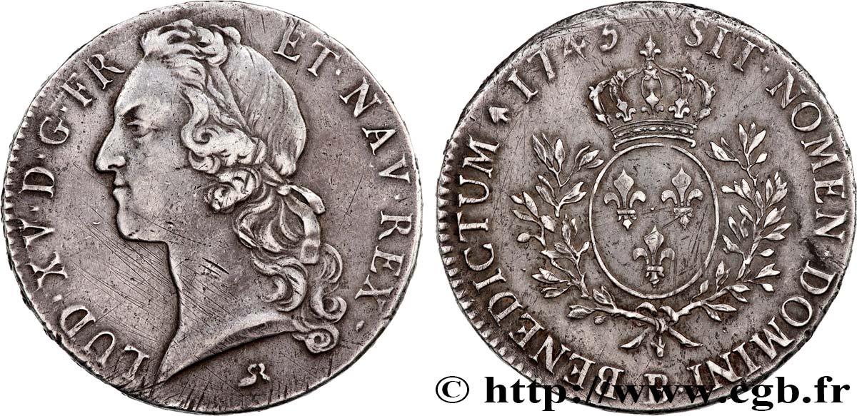 LOUIS XV DIT LE BIEN AIMÉ Écu aux branches d’olivier, tête ceinte d’un bandeau 1743 Rouen TTB