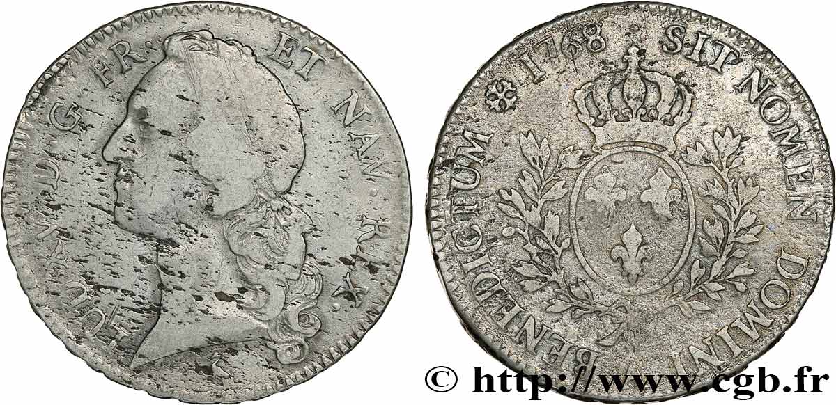 LOUIS XV DIT LE BIEN AIMÉ Écu aux branches d’olivier, tête ceinte d’un bandeau 1768 Paris TB