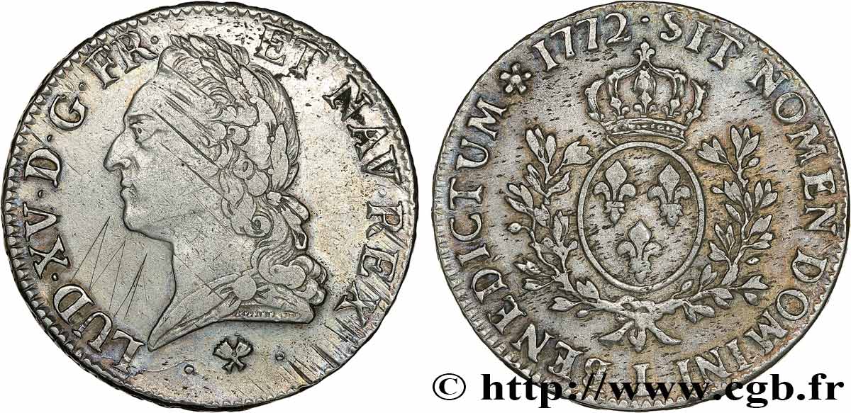 LOUIS XV DIT LE BIEN AIMÉ Écu aux branches d’olivier, buste lauré 1772 Bayonne TTB/TTB+