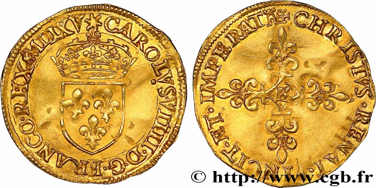 CHARLES IX Écu d or au soleil, 1er type 1565 Tours TTB+