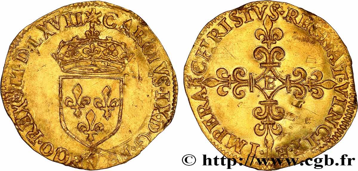 CHARLES IX Écu d or au soleil, 1er type 1567 Tours BB/q.SPL