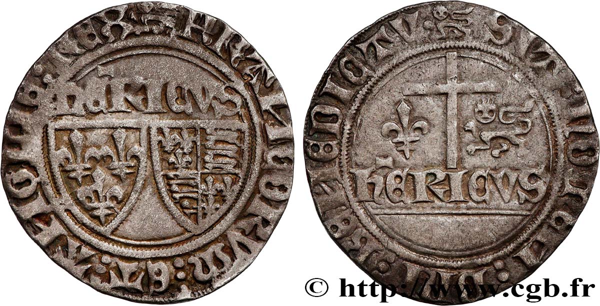HENRY VI DE LANCASTRE - ROI DE FRANCE (1422-1453) - ROI D ANGLETERRE (1422-1461) et (1470-1471) Blanc aux écus n.d. Rouen TTB+